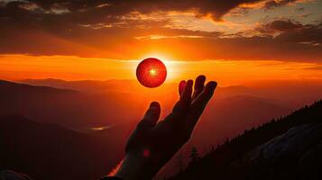 versuchen zu Griff das Sonnenuntergang im das Beskiden Berge Tschechisch Republik halten das feurig Sonne foto