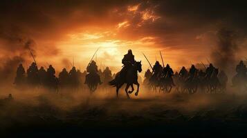 Krieger auf nebelig Sonnenuntergang Hintergrund Kampf im ein mittelalterlich Schlacht Szene mit Kavallerie und Infanterie foto