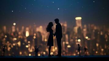 romantisch Silhouetten im Vorderseite von ein Nachtzeit Stadtbild mit Miniaturen von realistisch Gebäude mit Beleuchtung im ein Karikatur Stil foto