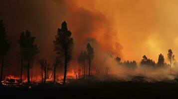 Hitzewelle im Spanien führt zu schnell Wald Feuer und Zerstörung Erstellen ein Silhouette von natürlich Katastrophe foto