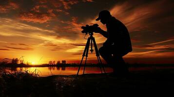 Silhouette von Fotograf beim Sonnenuntergang gefangen im ein Foto