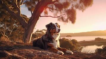 australisch Schäfer Hund auf das Fluss Promenade foto