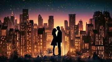 romantisch Silhouetten im Vorderseite von ein Nachtzeit Stadtbild mit Miniaturen von realistisch Gebäude mit Beleuchtung im ein Karikatur Stil foto
