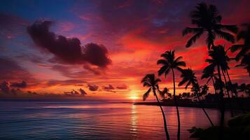 bunt dramatisch Sonnenuntergang Himmel Über Waikiki mit Palme Baum Silhouetten Ozean Vordergrund foto