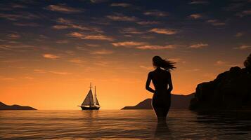 atmosphärisch Sonnenuntergang im Sizilien mit ein Frau Baden und ein Segeln Boot foto