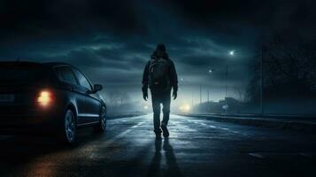 ein Mann selbstbewusst steht im das Auto Scheinwerfer halten ein Rucksack Erstellen ein visuell auffällig Sport Foto beim Nacht