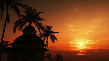 Silhouette von ein Palme Baum gegen das Sonnenuntergang mit ein Kuppel foto