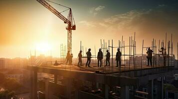 Konstruktion Kräne und Arbeitskräfte auf ein Wohn Gebäude gegen ein sonnig Himmel Stadt Gehäuse Konstruktion Wohnung Block foto