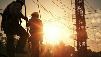 Elektriker Installieren Drähte und Ausrüstung auf hoch Türme foto