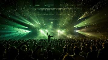 überfüllt Konzert Halle mit Grün Bühne Beleuchtung Felsen Show Menschen Silhouette bunt Konfetti Explosion im das Luft beim ein Festival foto