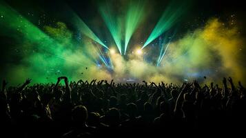 überfüllt Konzert Halle mit Grün Bühne Beleuchtung Felsen Show Menschen Silhouette bunt Konfetti Explosion im das Luft beim ein Festival foto