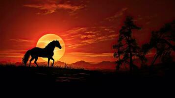 ein Pferd Silhouette Weiden lassen beim Sonnenaufgang mit ein beschwingt Hintergrund foto