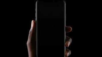 Silhouette von männlich Hand halten Lünette weniger Telefon mit abgeschnitten Bildschirm foto