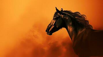 Gliederung von ein Pferd gegen ein rauchig Orange Hintergrund foto