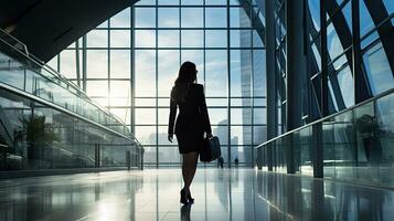 silhouettiert jung Frau Gehen im ein zeitgenössisch Büro Gebäude foto