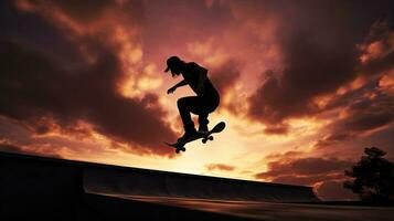 Skatepark Silhouette von ein Springen Skateboardfahrer foto