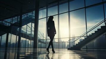 silhouettiert jung Frau Gehen im ein zeitgenössisch Büro Gebäude foto