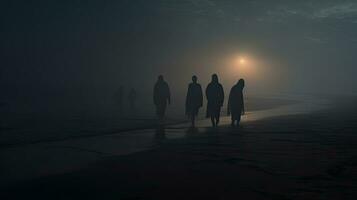 silhouettiert Einzelpersonen auf das Strand während Sommer- Nebel foto