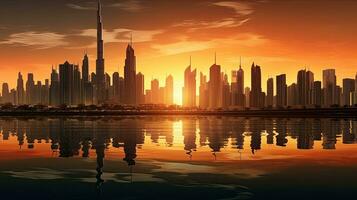 Dubai Stadt Gebäude Profil beim Sonnenuntergang im das vereinigt arabisch Emirate foto