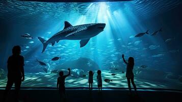 Besucher beim Aquarium Uhr Silhouetten von Fisch Schwimmen einschließlich Wal Hai foto