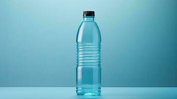 Produkt Verpackung von Plastik Wasser Flasche isoliert auf Blau Hintergrund foto