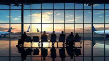 Menschen Sitzung im Flughafen Stühle Flugzeug im Aussicht durch Fenster foto