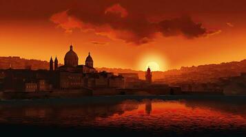 silhouettiert maltesisch mittelalterlich Stadt während Sonnenuntergang foto