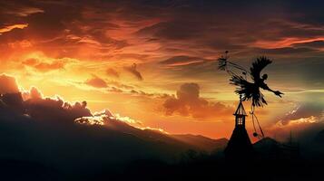 Wetter Schaufel Silhouette Hexe auf Besenstiel Dämmerung Himmel über Berge foto