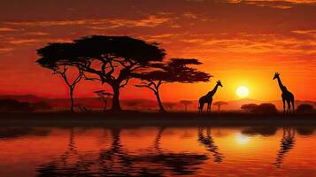 Massai mara s typisch afrikanisch Sonnenuntergang mit Akazie Bäume und ein Giraffe Familie silhouettiert gegen ein Rahmen Sonne reflektiert auf Wasser foto
