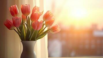 Tulpe Strauß Silhouette gegen Sonnenaufgang Fenster Frühling Morgen Kunst geeignet zum Valentinstag s Mutter s und Frauen s Tag wie Gut wie Geburtstage Text und Gruß Karte Zuhause Dekor foto