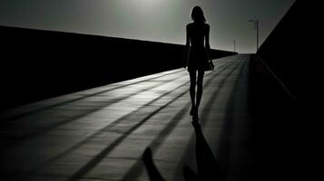 schwarz und Weiß Schatten auf ein hell Straße mit ein Mädchen Gehen foto