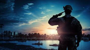 Soldat salutieren mit Küsten Stadt, Dorf im Hintergrund symbolisiert Schutz Patriotismus und Ehre foto