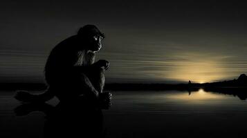 schwarz und Weiß Silhouette von ein Affe beim Sonnenuntergang foto