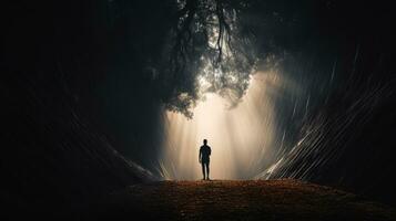 ein Mann Gehen zu ein hell Licht im Natur symbolisieren Erfolg und Freiheit foto