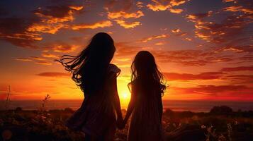 zwei jung Schwestern im Vorderseite von ein atemberaubend Sonnenuntergang Himmel s Silhouette foto