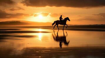 Pferd und Fahrer Galopp auf Ballbunion Strand beim Kerry Sonnenuntergang im Irland foto