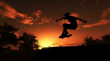Skatepark Silhouette von ein Springen Skateboardfahrer foto
