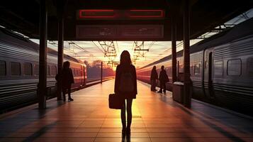 ein einsam Frau s Schatten spazieren gehen beim ein Zug Bahnhof beobachtete von das Rückseite foto