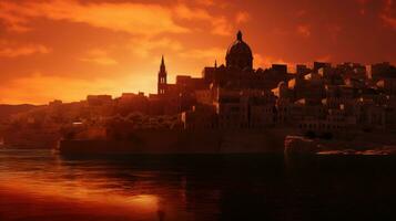 silhouettiert maltesisch mittelalterlich Stadt während Sonnenuntergang foto