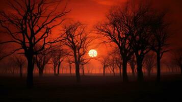 feurig rot Sonnenuntergang hinter nackt Herbst Bäume foto