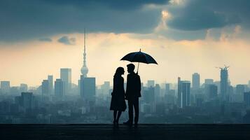 silhouettiert Paar mit Regenschirm unter wolkig Tokyo Himmel foto