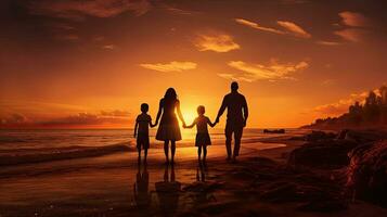 Herrlich Strand Sonnenuntergang Szene mit Familie Silhouetten foto