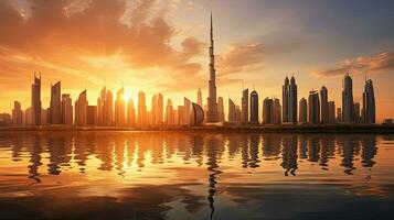 Dubai Stadt Gebäude Profil beim Sonnenuntergang im das vereinigt arabisch Emirate foto