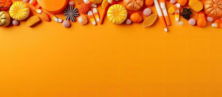 verstreut Süßigkeiten und Dekorationen auf Halloween thematisch Rand gesehen von über Über Orange Banner foto