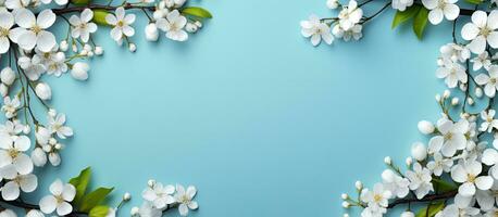 spotten oben von Frühling Blumen im ein Rahmen auf ein Blau Hintergrund mit Kopieren Raum foto