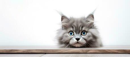 süß groß Augen grau Kitty faulenzen auf Weiß Tabelle Lecken Lippen Raum zum Text foto