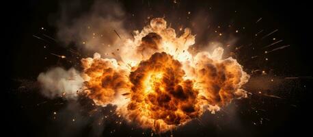 realistisch Explosion von ein Bombe mit Feuer Funken und Rauch auf ein schwarz Hintergrund foto