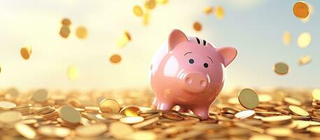 Münzen fliegend und schwebend in Schweinchen Bank zum finanziell Speichern Konzept 3d machen foto