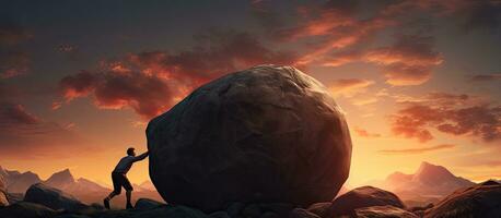 ein jung Geschäftsmann schieben ein groß Stein bergauf während Sonnenuntergang Darstellen schwierig Aufgaben Probleme und schwer Arbeit Spiegeln das Notlage von Sisyphus foto