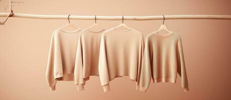 leeren Raum mit minimal Hintergrund mit ein Sammlung von feminin Beige Pullover perfekt zum Herbst und Winter Mode foto